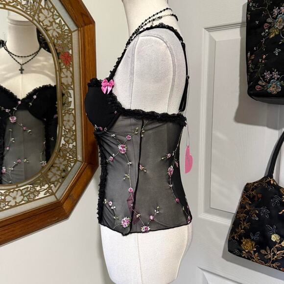 NWT Dolls Kill Sugar Thrillz Black & Pink Floral Sheer Mesh Romantic Bustier Top - Picture 3 of 7